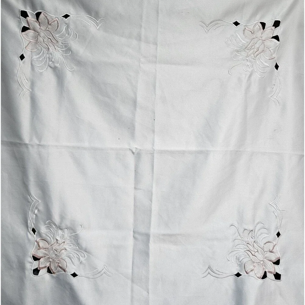Vtg Square Tablecloth w/ Floral Embroidery & Scalloped Edges Funke German (read)